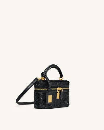 Cleo Borsa con Manico Superiore a Forma di Scatola in Cristallo Artificiale - Nero