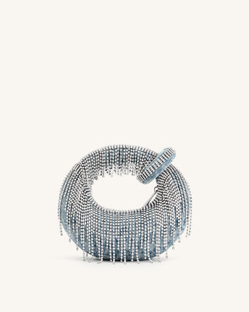 Borsa mini con manico superiore in denim e cristallo artificiale Abacus - Blu