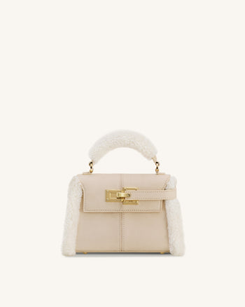 Elise Borsa a Mano con Bordo in Shearling e Finta Pelle Scamosciata - Tortora