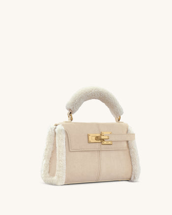 Elise Borsa a Mano con Bordo in Shearling e Finta Pelle Scamosciata - Tortora