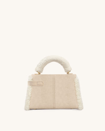 Elise Borsa a Mano con Bordo in Shearling e Finta Pelle Scamosciata - Tortora