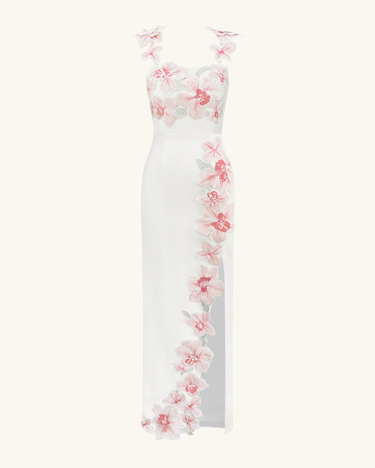 Abito Ricamato con Fiori - Bianco/Rosa
