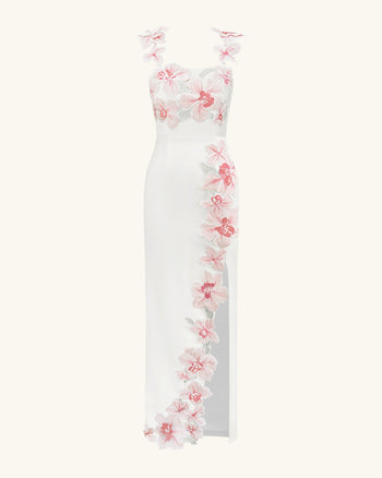 Abito Ricamato con Fiori - Bianco/Rosa