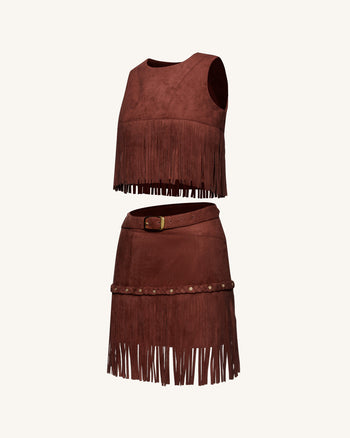 Gonna Con Frange In Stile Western In Tessuto Scamosciato - Borgogna