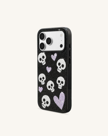 Custodia per telefono con strass teschio e cuore - Nero