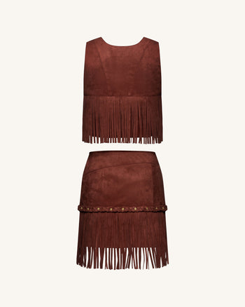 Gonna Con Frange In Stile Western In Tessuto Scamosciato - Borgogna