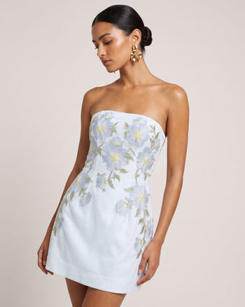 Mini abito a corsetto senza spalline con ricamo floreale - Azzurro