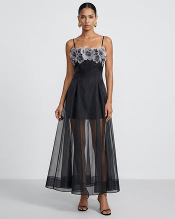 Maxi abito a strati trasparente con ricami floreali - Nero Don't Touch Me!
