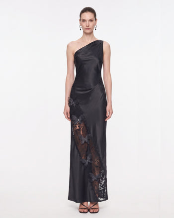 Maxi abito in raso monospalla con inserti in pizzo - Nero