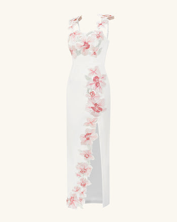 Abito Ricamato con Fiori - Bianco/Rosa
