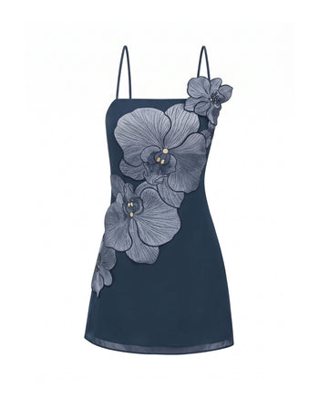 Mini abito con applicazione orchidea - Blu scuro
