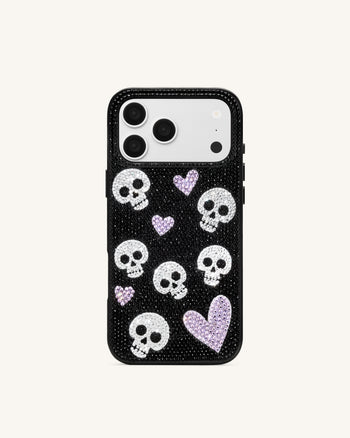 Custodia per telefono con strass teschio e cuore - Nero
