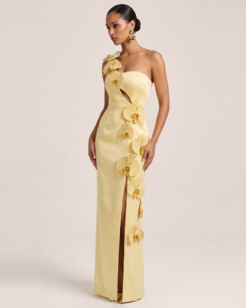 Maxi abito con spacco, cut-out e decorazione a orchidea - Giallo chiaro