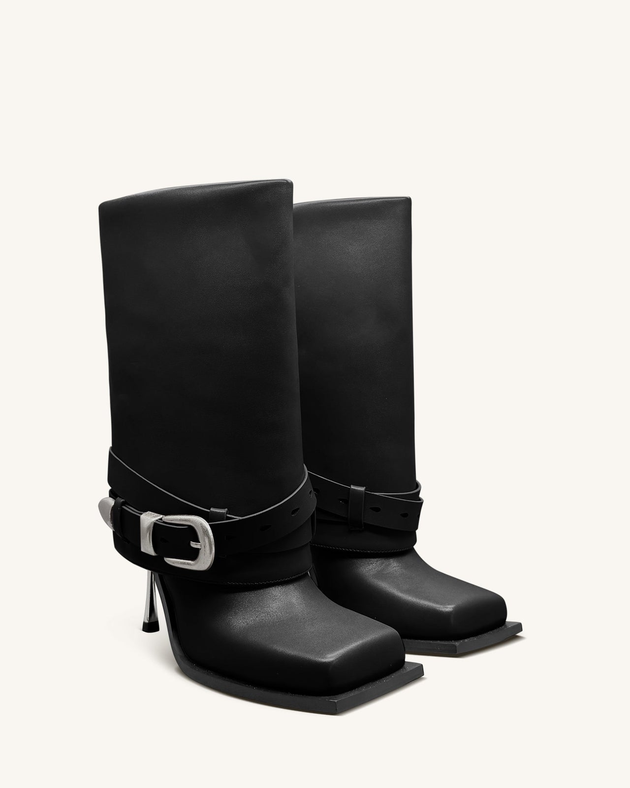 Emilia Stivali a stiletto in pelle con fibbia western - Nero