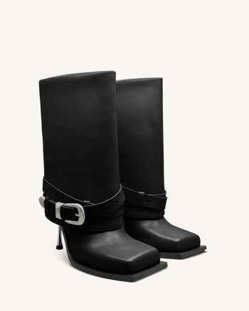 Emilia Stivali a stiletto in pelle con fibbia western - Nero