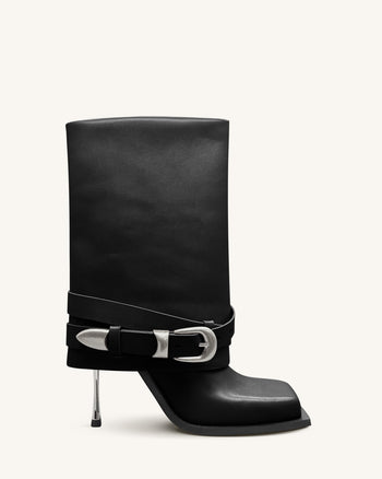 Emilia Stivali a stiletto in pelle con fibbia western - Nero