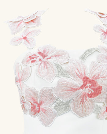 Abito Ricamato con Fiori - Bianco/Rosa
