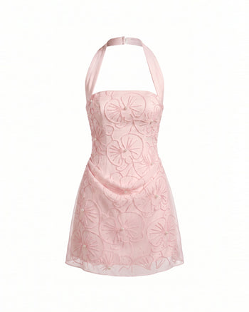 Mini abito all'americana con scollo quadrato, ricami di perline e motivo orchidea - Rosa cipria