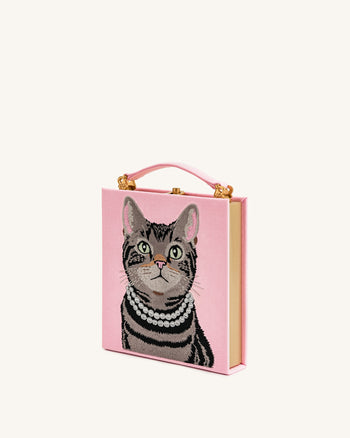 Taya Pochette a Forma di Libro con Motivo Gatto Tabby - Rosa