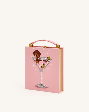 Pochette a forma di libro con motivo cucciolo e calice di vino Taya - Rosa