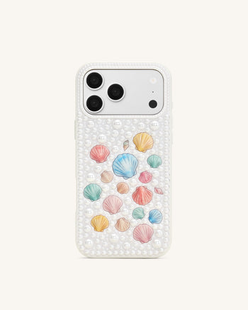 Custodia per telefono con perle conchiglia pastello - Bianco