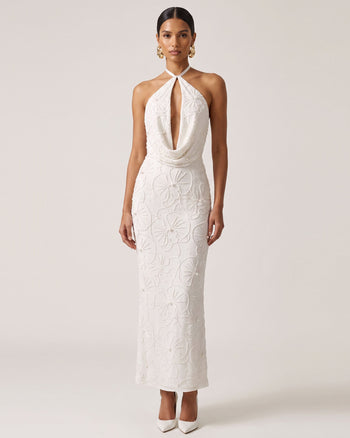 Maxi abito all'americana con scollo a goccia, ricami di perline e motivo orchidea - Bianco