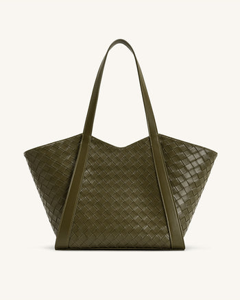 Kiana Borsa Tote a Grande Capacità con Texture Intrecciata - Verde Oliva Scuro