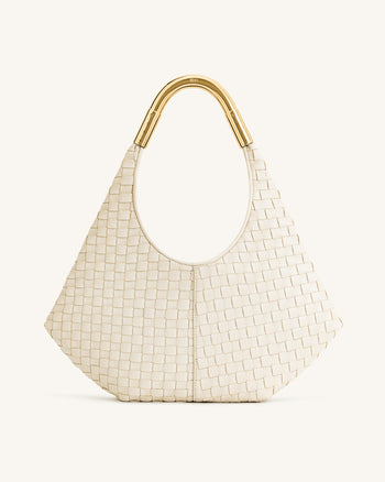 Olivia Borsa Hobo Intrecciata a Mano con Manico in Metallo - Bianco