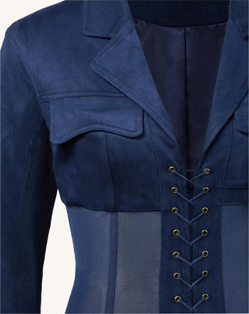 Abito Mini In Faux Con Corsetto E Giacca Suede - Blu Scuro