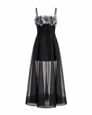 Maxi abito a strati trasparente con ricami floreali - Nero Don't Touch Me!