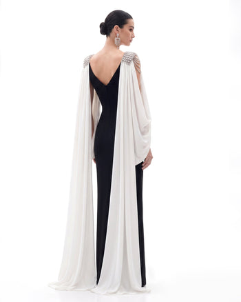 Maxi abito con mantella sulle spalle e dettagli in cristallo - Nero e avorio