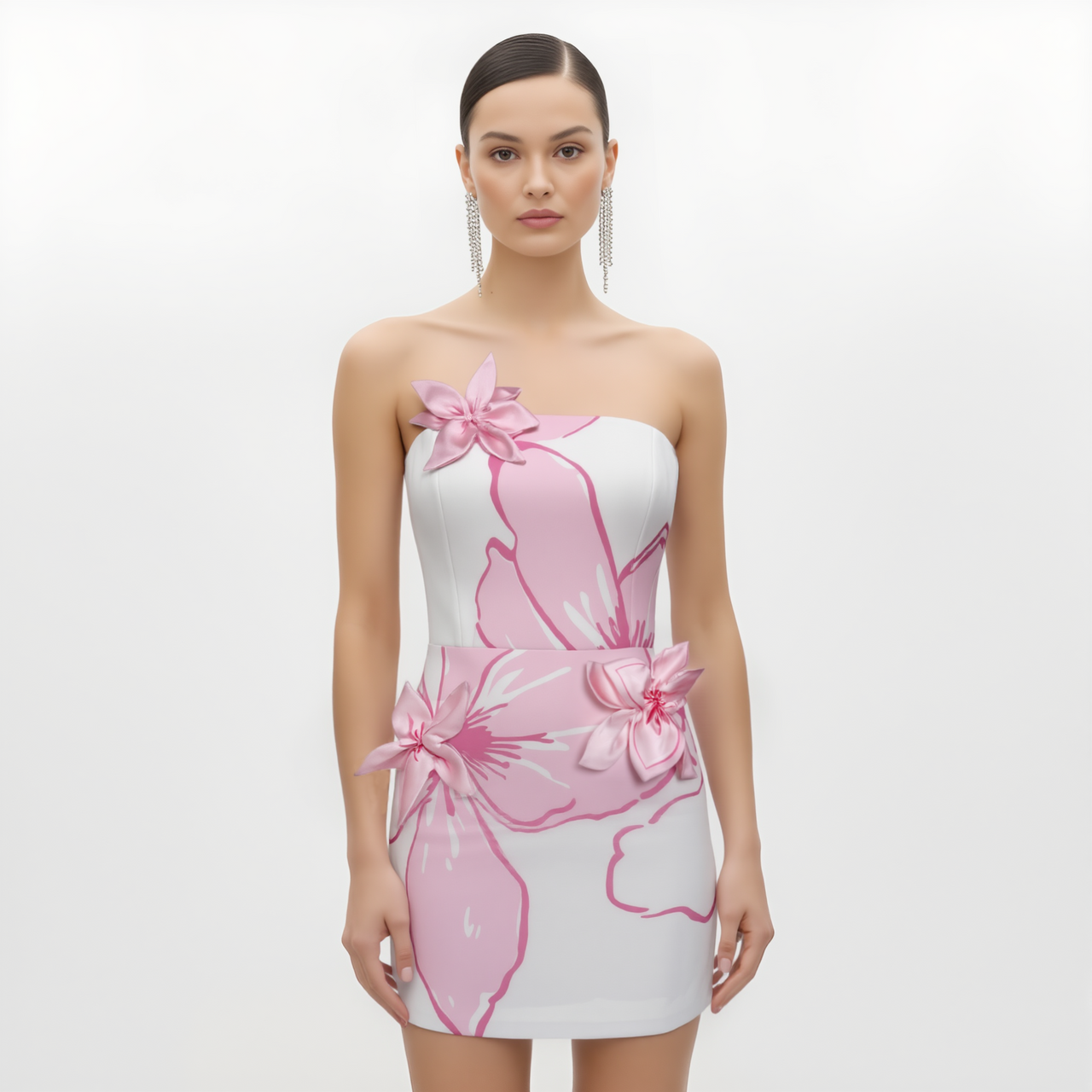 Mini Abito con Applicazioni Floreali Rosa - Bianco/Rosa