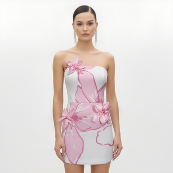 Mini Abito con Applicazioni Floreali Rosa - Bianco/Rosa