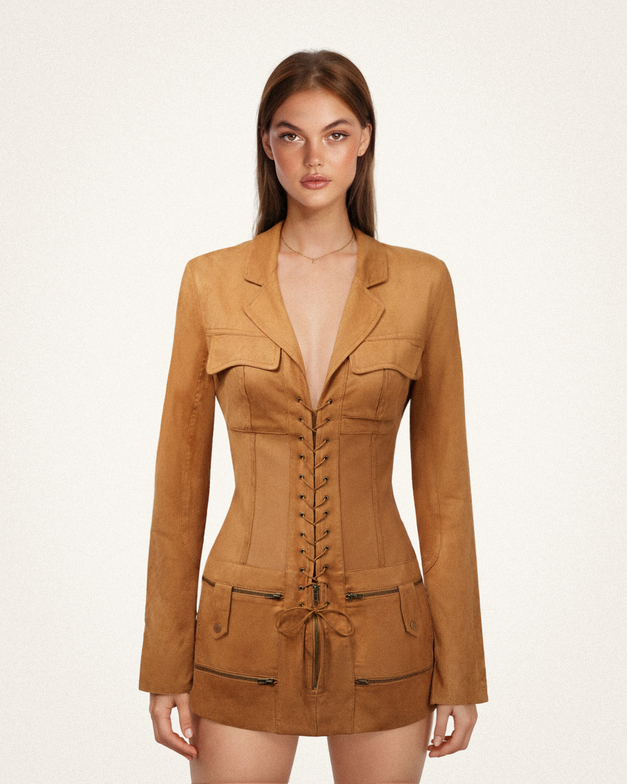 Abito Mini In Faux Con Corsetto E Giacca Suede - Color Cammello