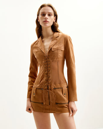 Abito Mini In Faux Con Corsetto E Giacca Suede - Color Cammello