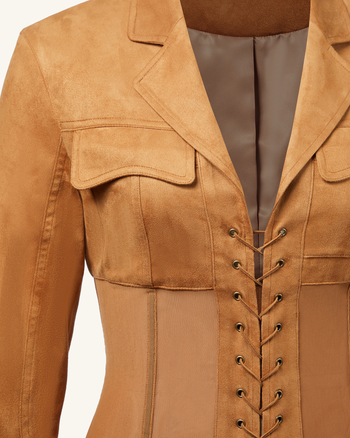 Abito Mini In Faux Con Corsetto E Giacca Suede - Color Cammello