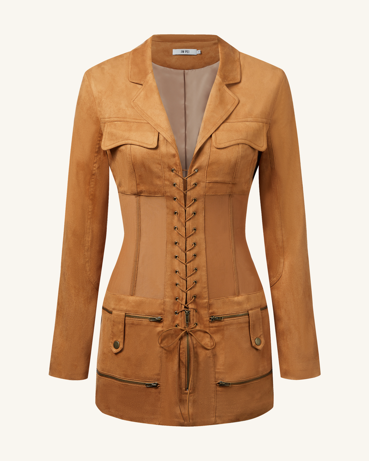 Abito Mini In Faux Con Corsetto E Giacca Suede - Color Cammello