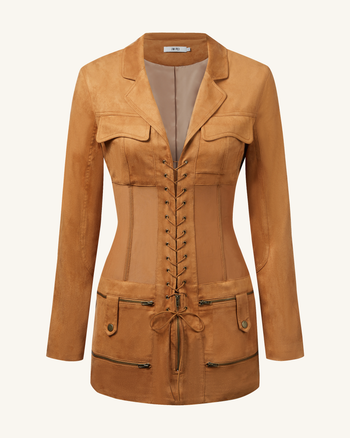 Abito Mini In Faux Con Corsetto E Giacca Suede - Color Cammello