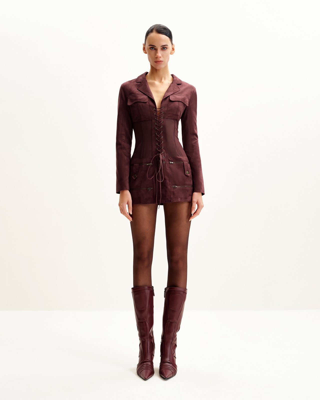 Abito Mini In Faux Con Corsetto E Giacca Suede - Color Bordeaux