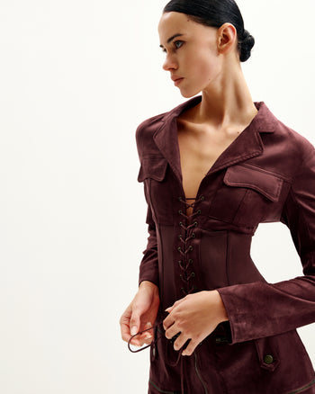 Abito Mini In Faux Con Corsetto E Giacca Suede - Color Bordeaux