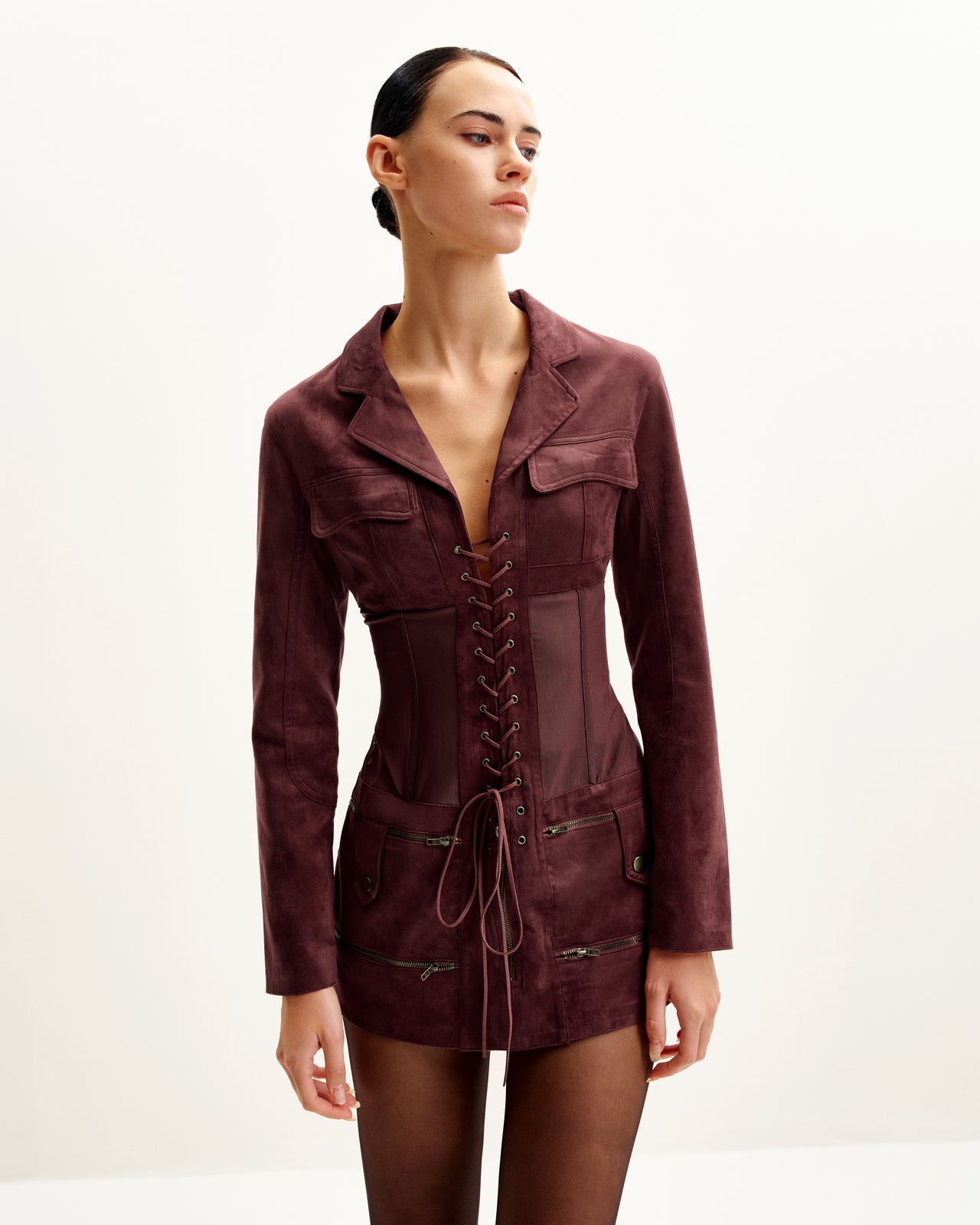 Abito Mini In Faux Con Corsetto E Giacca Suede - Color Bordeaux