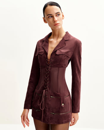 Abito Mini In Faux Con Corsetto E Giacca Suede - Color Bordeaux