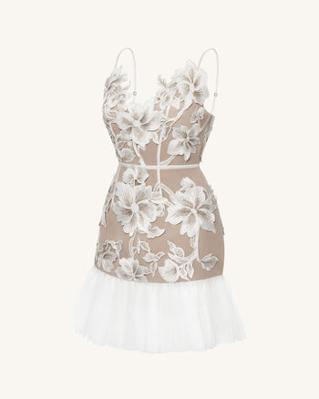 Floral Abito Mini con Spalline Sottili - Bianco