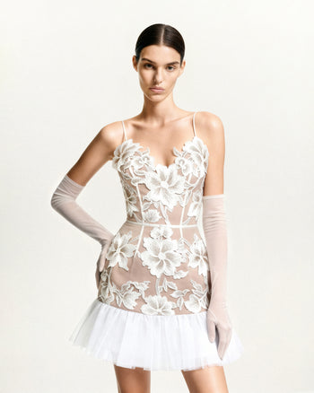 Floral Abito Mini con Spalline Sottili - Bianco