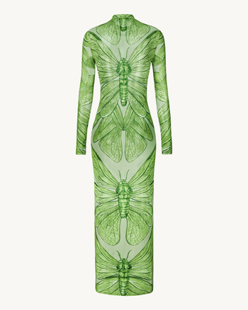 Abito Lungo in Tulle Trasparente con Libellula Smeraldo - Verde