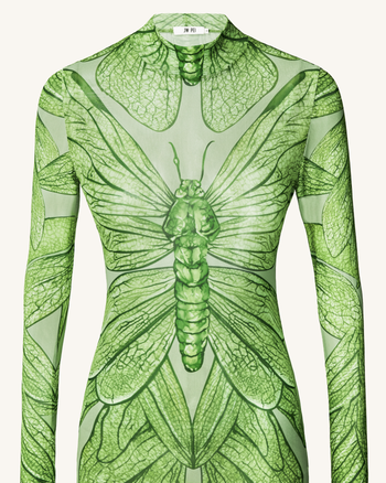Abito Lungo in Tulle Trasparente con Libellula Smeraldo - Verde