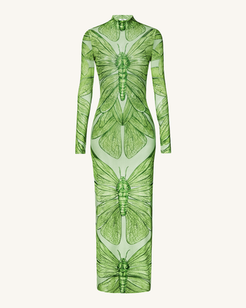 Abito Lungo in Tulle Trasparente con Libellula Smeraldo - Verde