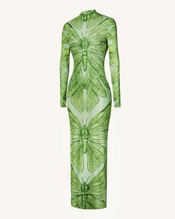 Abito Lungo in Tulle Trasparente con Libellula Smeraldo - Verde