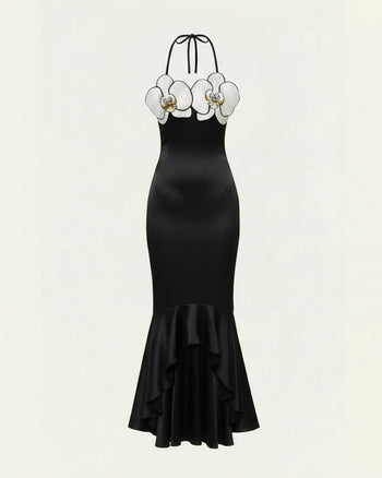 Abito midi asimmetrico con ricamo di orchidee - Nero