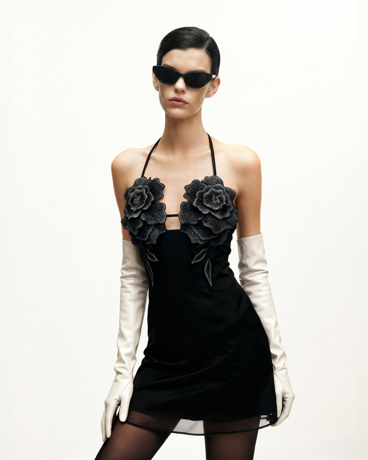 Flower Abito Mini Ricamato - Nero